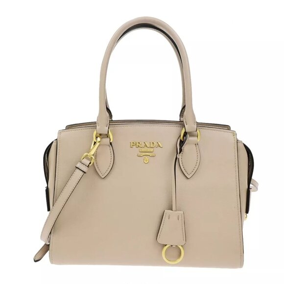 PRADA Logo 2Way Shoulder Hand Bag Leather Beige GHW 636ED632 - Picture 1 of 16